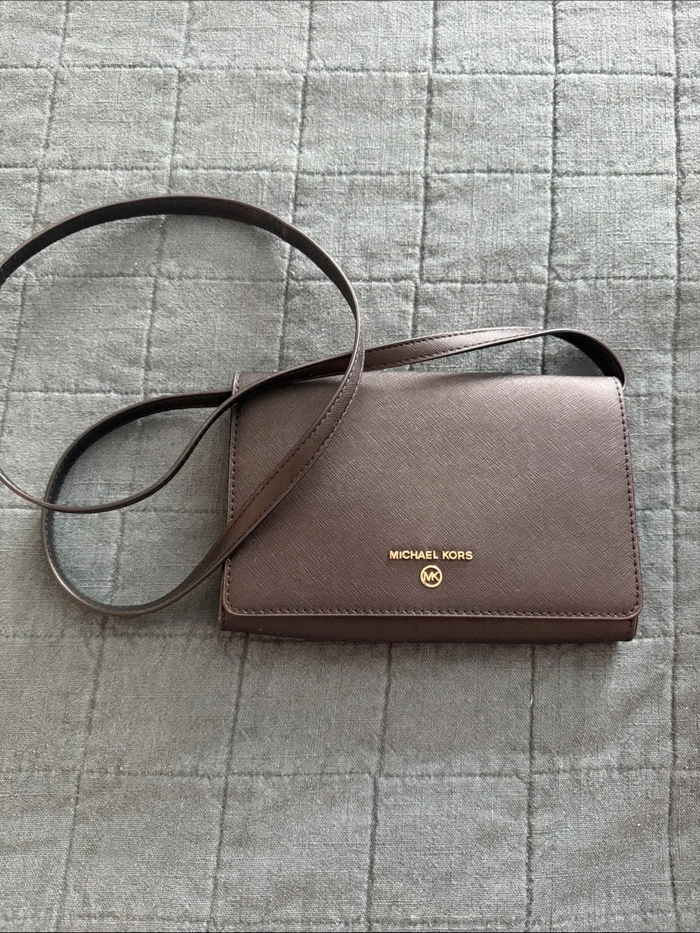 Michael Kors Chocolate Brown Crossbody Wallet with Gold Logo